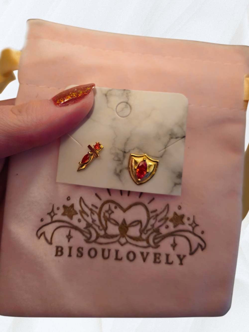 Gold & Red Crystal Shield and Dagger Stud Earring Set Bisoulovely